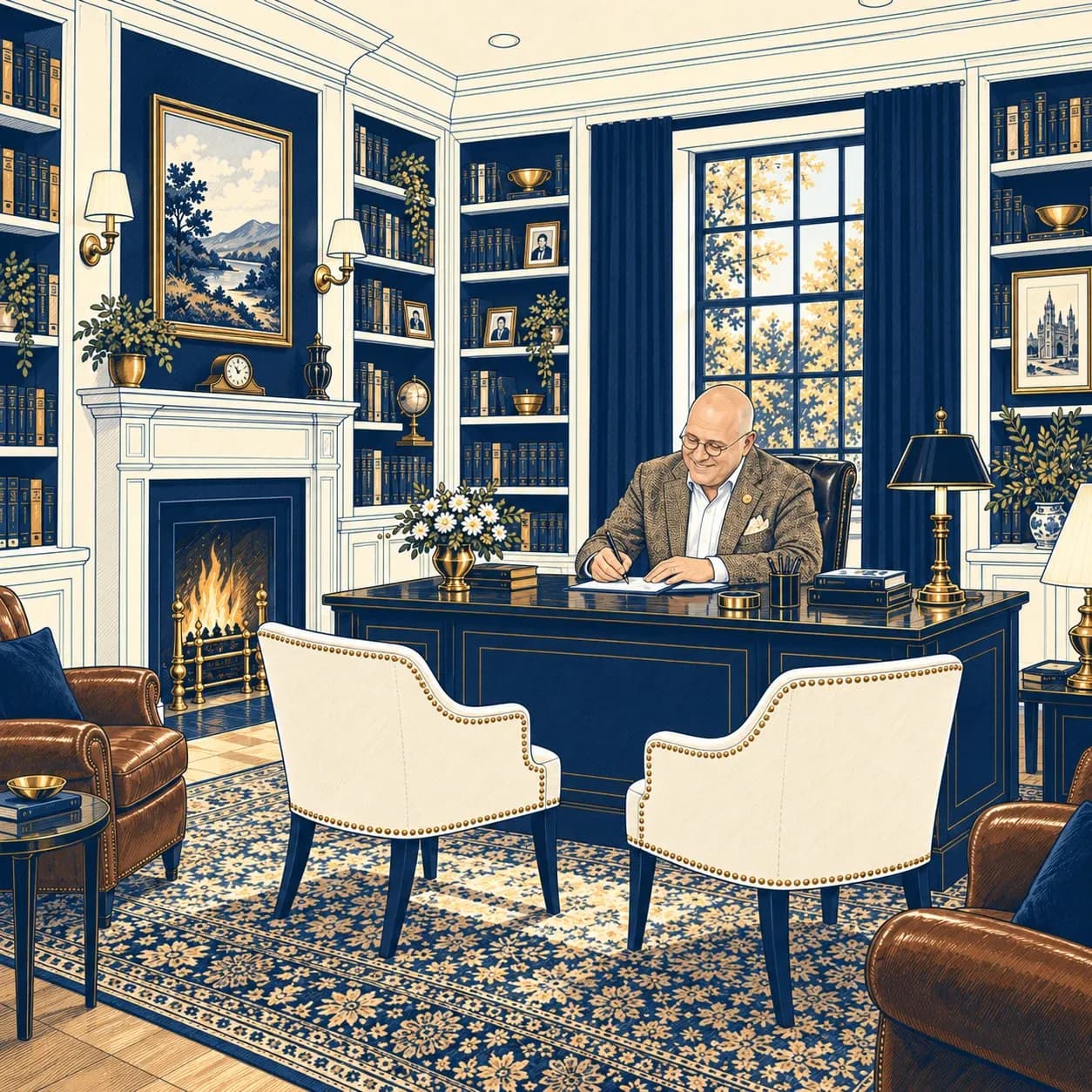 Illustration of a physician writing at a desk in a navy and cream study with bookshelves and a fireplace.