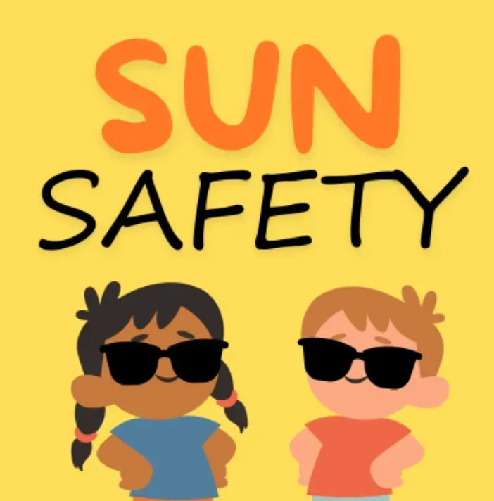 Illustration of two children wearing sunglasses under the words Sun Safety