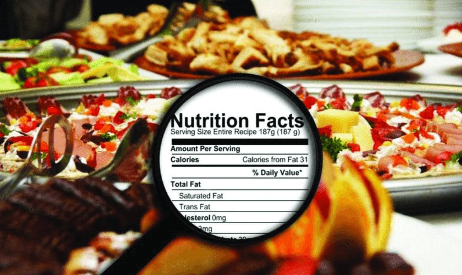 Magnifying glass over a nutrition facts label at a buffet table